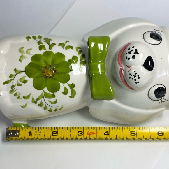 Puppy Dog Figurine Vase Planter Ceramic White Green Vintage Portugal P3571 6" - Picture 7 of 8